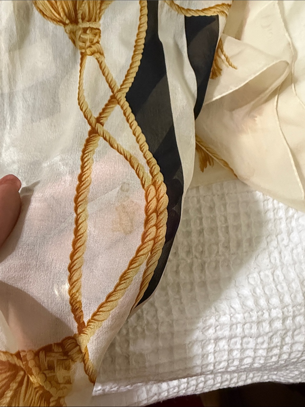 Christian Dior Sheer Silk Scarf in Black, Cream & Gold Tassel Motif ( final sale - Picture 4 of 4